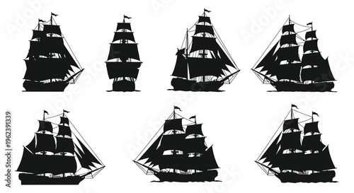 Silhouette of six historic sailing ships with multiple masts in various orientations