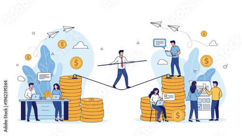 Brave businessman balancing on a tightrope between tall stacks of gold coins while his colleagues work on laptops in a modern office space.
