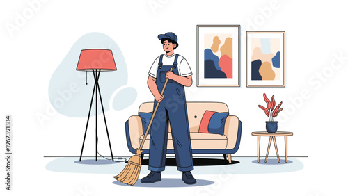 Professional male cleaner wearing blue overalls and a cap sweeping the floor of a modern living room with a broom.