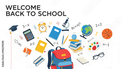 Colorful backpack surrounded by various floating school supplies like books, calculators, and globes for a cheerful welcome back to school.