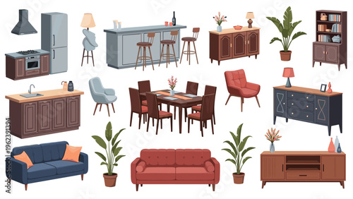 Comprehensive collection of indoor furniture and home decor items including kitchen islands, sofas, tables, chairs, and plants.