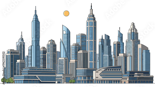 Modern urban cityscape illustration featuring a dense cluster of tall skyscrapers and corporate buildings.