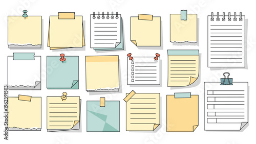 Large set of colorful sticky notes and paper scraps in various shapes pinned or taped to a plain surface.