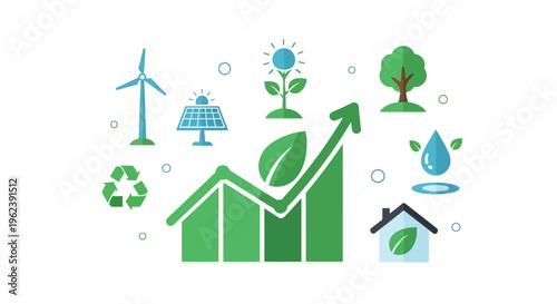Sustainable Growth Chart with Green Economy Icons: Renewable Energy, Eco-Friendly Living, & Environmental Progress