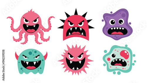 Set of colorful and quirky cartoon monster characters representing germs or viruses with expressive faces.