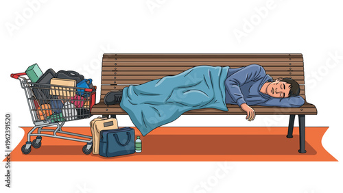 Homeless man sleeping on a wooden park bench covered by a blanket with his personal belongings in a cart.