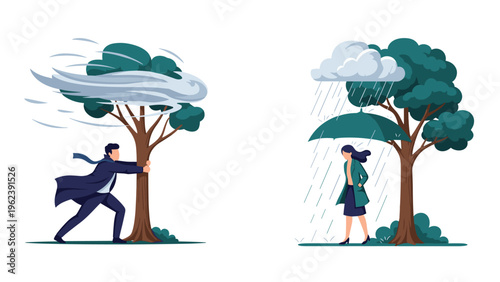 Man struggling against a powerful windstorm while a woman walks calmly under an umbrella in the pouring rain.