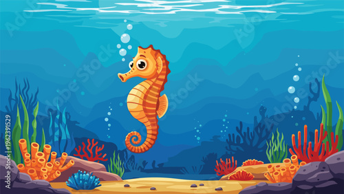 Beautiful orange seahorse swimming in an underwater ocean environment with colorful coral reefs and bubbles.