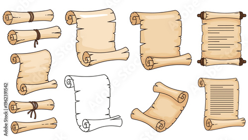 Collection of vintage parchment paper scrolls in various stages of being rolled and unrolled on white.