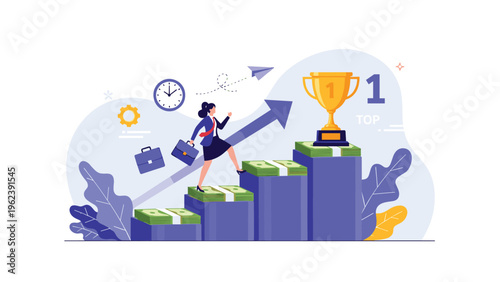 Ambitious businesswoman running up a staircase made of money stacks towards a gold trophy representing peak career success and victory.