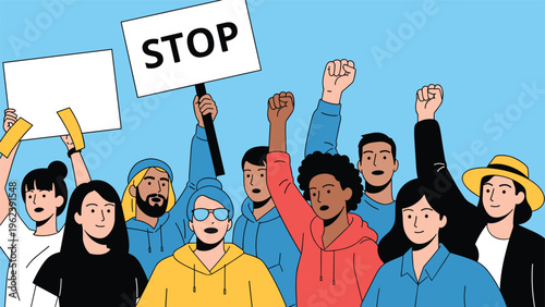 Diverse crowd of activists and protesters raising their fists and holding a stop sign during a demonstration.