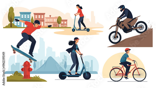 People enjoying different outdoor activities including skateboarding, cycling, scooting, and riding a motorcycle.