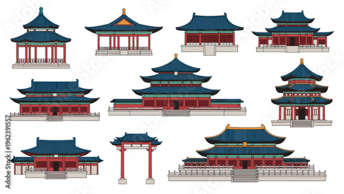 Collection of traditional Korean palace architecture featuring various buildings with ornate blue tiled roofs.