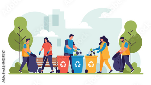 Team of volunteers working together to collect and sort waste into different colored recycling bins in a park.
