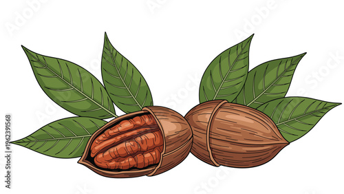 Detailed illustration of two pecan nuts with one in its brown shell and another partially cracked open with fresh green leaves behind them.