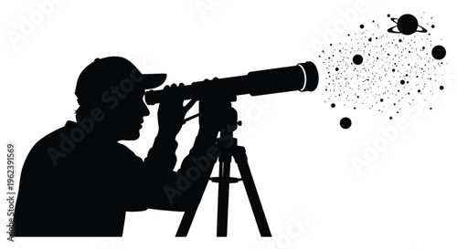 Silhouette of a man looking through a telescope observing celestial objects in the night sky with a silhouette