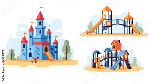 Set of vibrant children's playground structures featuring slides, climbing frames, and a castle playhouse.