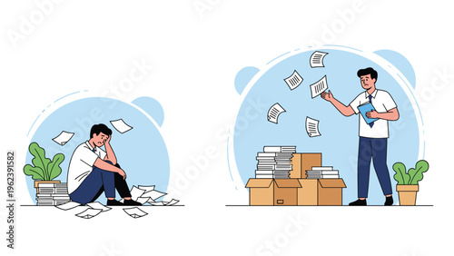 Stressed businessman overwhelmed by a large amount of paperwork and boxes in his office workspace scenes.