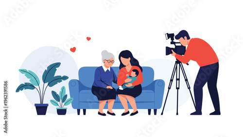 Professional photographer filming a mother holding her baby while sitting with a grandmother on a blue sofa.