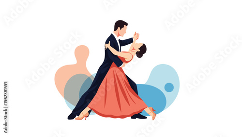 Elegant couple in formal attire performing a romantic ballroom dance with the woman leaning back gracefully.
