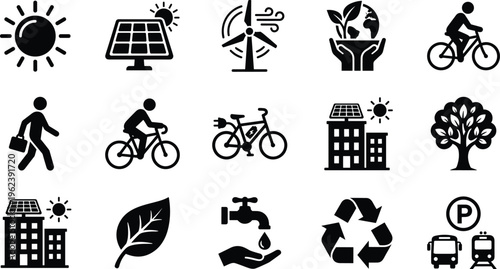 Eco sustainability icons renewable energy solar wind green transport recycling environmental protection clean technology sustainable city vector illustration set