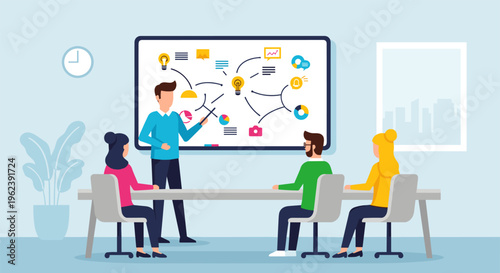 Diverse team brainstorming meeting in modern office with colorful mind map on screen in flat design for business presentation