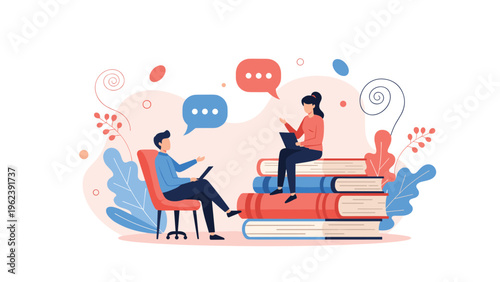 Man and woman having a deep conversation while sitting on a comfortable red chair and a large stack of colorful educational books.