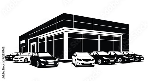 Silhouette of a modern building with several cars parked outside in a black and white image