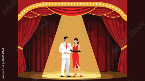 Elegant couple in formal attire standing on a theater stage under a bright spotlight with heavy red curtains in the background.