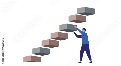 A determined man building a staircase of blocks to reach new heights