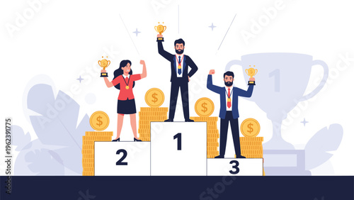 Three happy business professionals standing on a winners podium with trophies and medals celebrating their incredible success and victory.