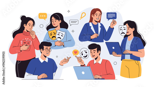 Group of diverse people using masks to hide or express different emotions and facial expressions for psychological and social concepts.