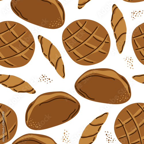 Fresh bread seamless pattern vector. Different types of brown loaves and baguettes for bakery shop wallpaper, kitchen textile and healthy food market print. Bakery background