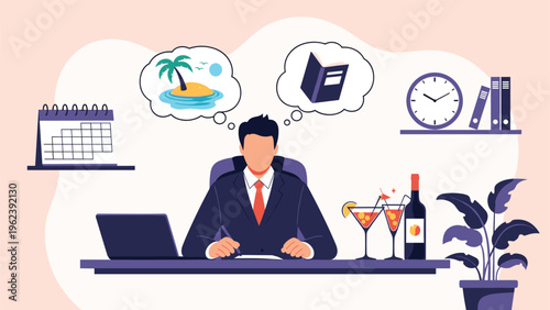 Businessman sitting at his office desk with a laptop and documents while dreaming of a tropical island vacation.