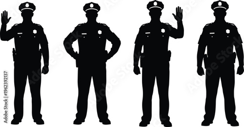 Black and white silhouette vector illustration of a police officer in different poses showing hand stop signals and standing upright.