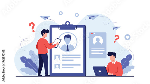 Human resources professionals reviewing job applicant resumes and profiles for a recruitment and hiring process.