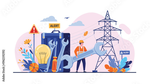 Electrician or maintenance worker carrying a giant wrench next to a high voltage power tower and a large tool box.