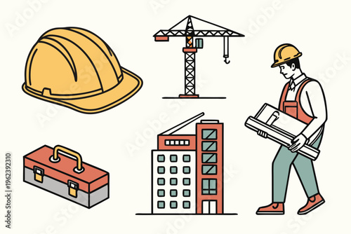 Construction site elements and worker