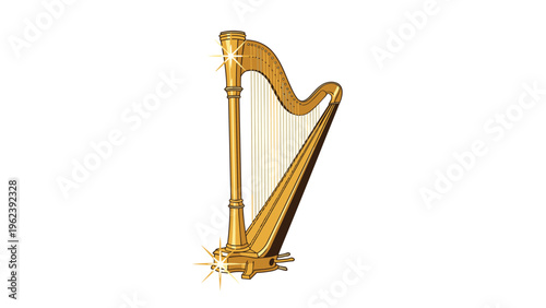 Elegant golden classical harp musical instrument standing upright with sparkling details on a clean white surface.