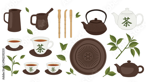 Comprehensive set of traditional tea ceremony items including ceramic teapots, cups, green leaves, and bamboo.