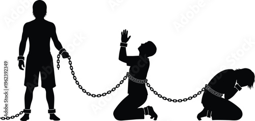Black silhouette concept of human chain representing slavery, social injustice, prisoner struggle, forced labor, systemic oppression, and the fight for freedom.