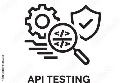 Magnifying glass with code search and shield icon for API testing and security featuring software development, coding, bug hunting with error