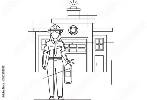 Firefighter standing in front of fire station with equipment, wearing uniform and helmet featuring fireman, emergency response, firefighting with