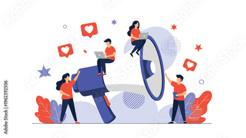 Large group of social media marketers using a giant megaphone to promote content and gather likes and engagement.