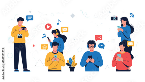 Group of people using their mobile phones for social media, music, photography, and online messaging activities.