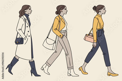 Fashionable women walking in stylish outfits