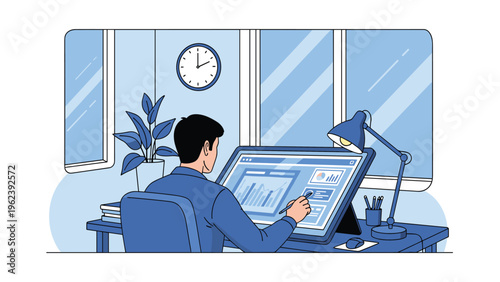 Designer or analyst working on a large touchscreen tablet device at a desk in a modern blue-toned office space.