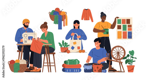 Diverse Textile Artisans Crafting Handmade Goods: Sewing, Knitting, Dyeing & Weaving Illustration
