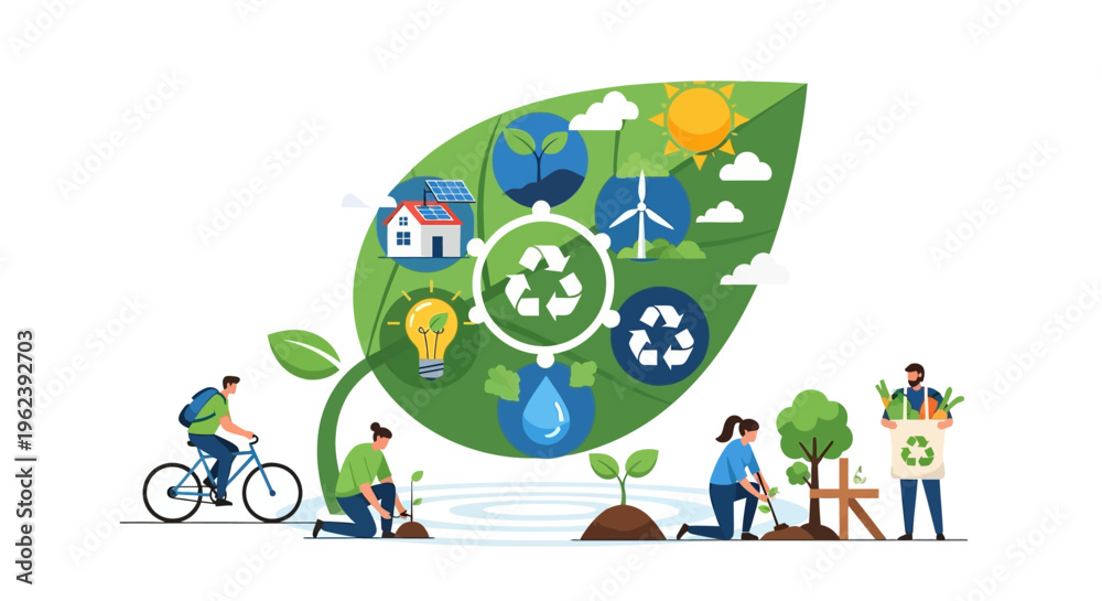 Fototapeta premium Sustainable Living & Eco-Friendly Lifestyle Concept. Green Energy, Recycling, Environmental Protection, and Healthy Community Activities on a Leaf.