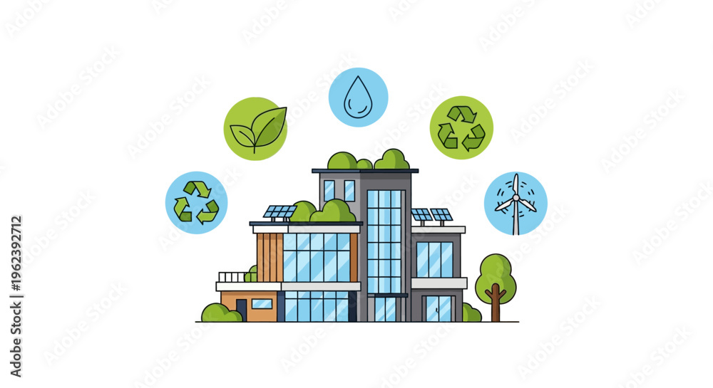 Naklejka premium Sustainable Modern Building with Green Energy Icons & Eco-Friendly Lifestyle